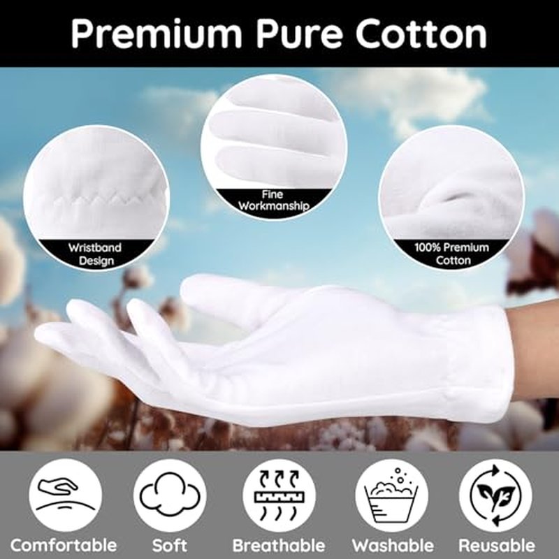 Segbeauty 12 Counts Moisturizing Gloves Overnight, Hand Gloves with Elastic Band, 6 Pairs Lotion Gloves for Men and Women, Sleep Moisture Gloves for Dry Hands, White Cotton Gloves for Art Handling