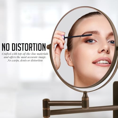OVENTE 7" Wall Mounted Makeup Mirror with 1X/10X Magnification, Double Sided Magnifying Round Bathroom Vanity Mirror, 360° Swivel Design, Extendable and Folding Arm, Nickel Brushed MNLFW70BR1X10X
