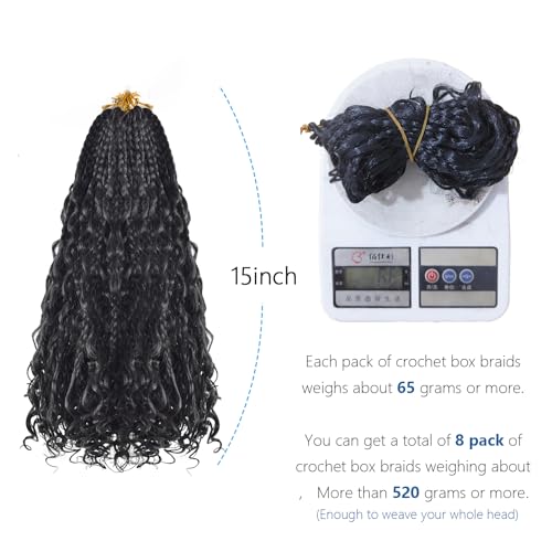 SHDanrtsey 15 Inch Goddess Bohemian Box Braids Crochet Hair 128 Strands Curly Ends 8 Packs Synthetic Braiding Hair Extensions for Black Women（1B）
