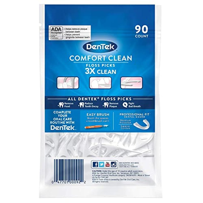 DenTek Comfort Clean, Sensitive Gums, Floss Picks, Mouthblast Mint Flavor, Soft and Silky Ribbon, Gentle on Gums, 90 Count in Each Pouch (Pack of 3)