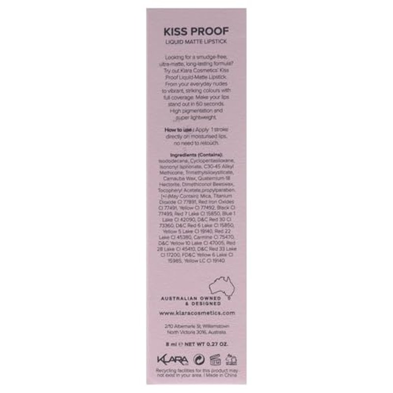 Klara Cosmetics Kiss Proof Lipstick 07 Sienna Nude Liquid Matte Lipstick Long Lasting Full Colour Pigment, 8ml / 0.27 Fl.Oz