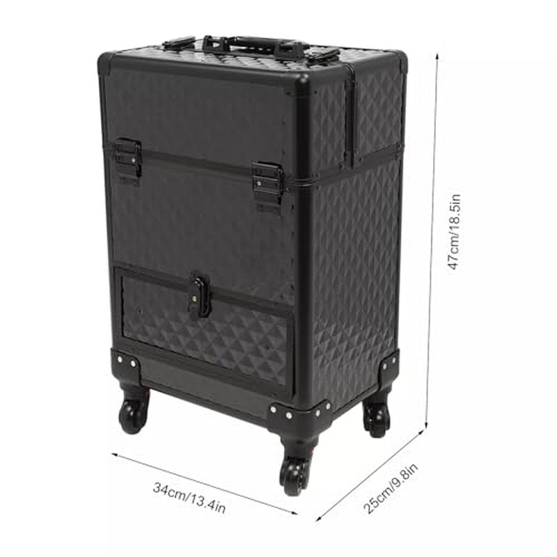 Rolling Nail Case Wheeled Manicure Storage Case, Professional Cosmetology Case, Large Cosmetic Trolley Travelling Cart Trunk with Locks and Drawers, Makeup Case with 4 Universal Wheels (Black)