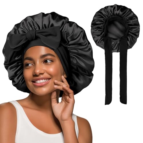 YANIBEST Satin Bonnet Silk Bonnet for Sleeping Double Layer Ajustable Satin bonnet for Women Men for Curly Natural Hair with Tie Band