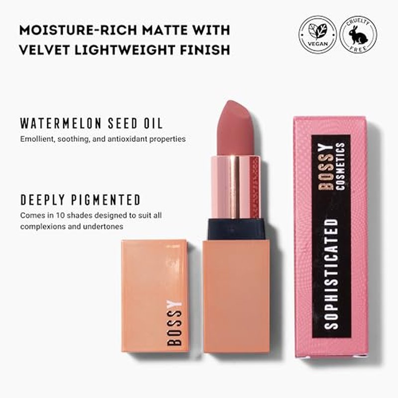Bossy Cosmetics Vegan Lipstick Matte, Long Lasting, Hydrating Lip Stick with Vitamin E and Watermelon Seed Oil, Paraben and Cruelty Free (Sophisticated - Pink with Purple Hue Color)