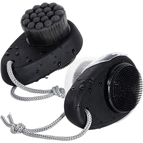 Beomeen Facial Cleansing Brush 2 Pack, 2 in 1 Silicone Face Scrubber for Men Exfoliating Pore Deep Cleansing, Dual Sided Face Wash Brush with Soft Bamboo Charcoal Microfiber and Lid for Women, Black
