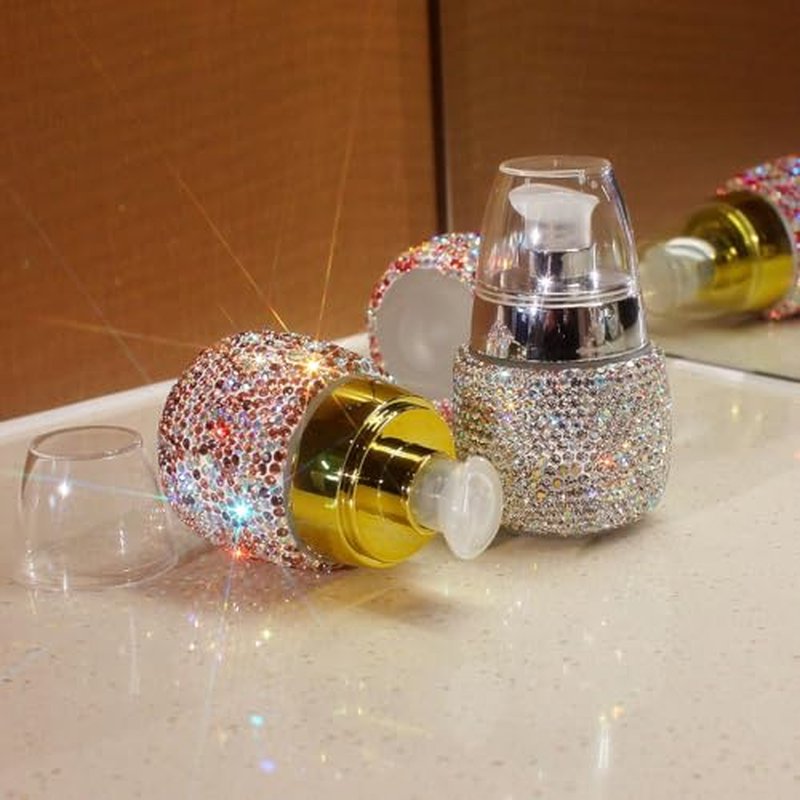 Rhinestone Travel Portable 30ml Lotion Dispensing Empty Bottle - Luxury Bling Glass Cosmetic Empty Container - Press Pump Design for Easy Dispensing - Ideal for Beauty On-The-Go (Pink)