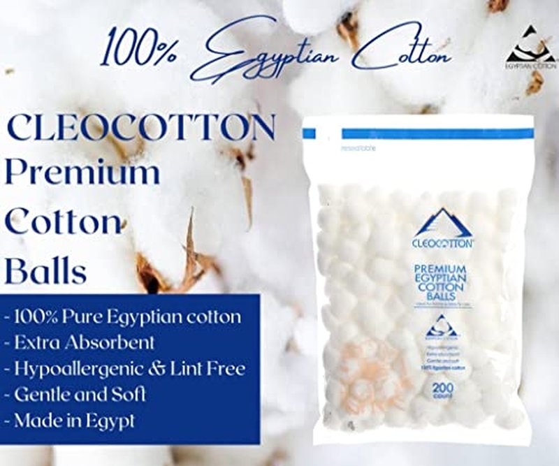 Cleocotton, Premium Egyptian Cotton Balls (200 Count), 100% EGYPTIAN COTTON, Ultra Soft (Made in Egypt)