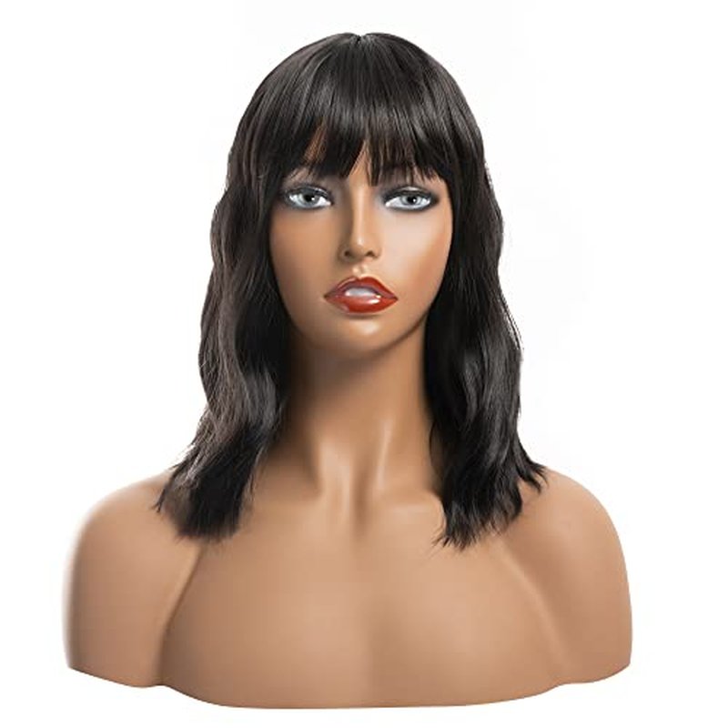 FESTIVAL PARTY Brown Wavy Bob Wig with Bangs, for Women Girls, Shoulder Length, Heat Resistant Synthetic Fiber, Daily Use Costume Cosplay Halloween Party, Curly Hair 14 inch