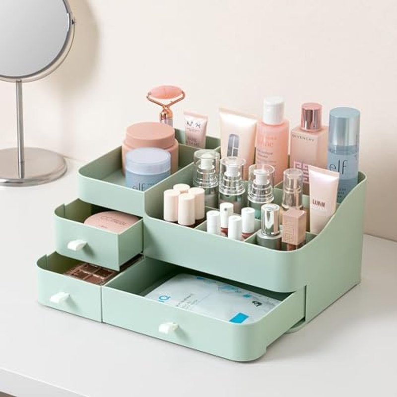 HBlife Plastic Makeup Organizer for Vanity with Drawer Large Skincare Organizers 8 Compartments Bathroom Organizer Cosmetic Storage, Green
