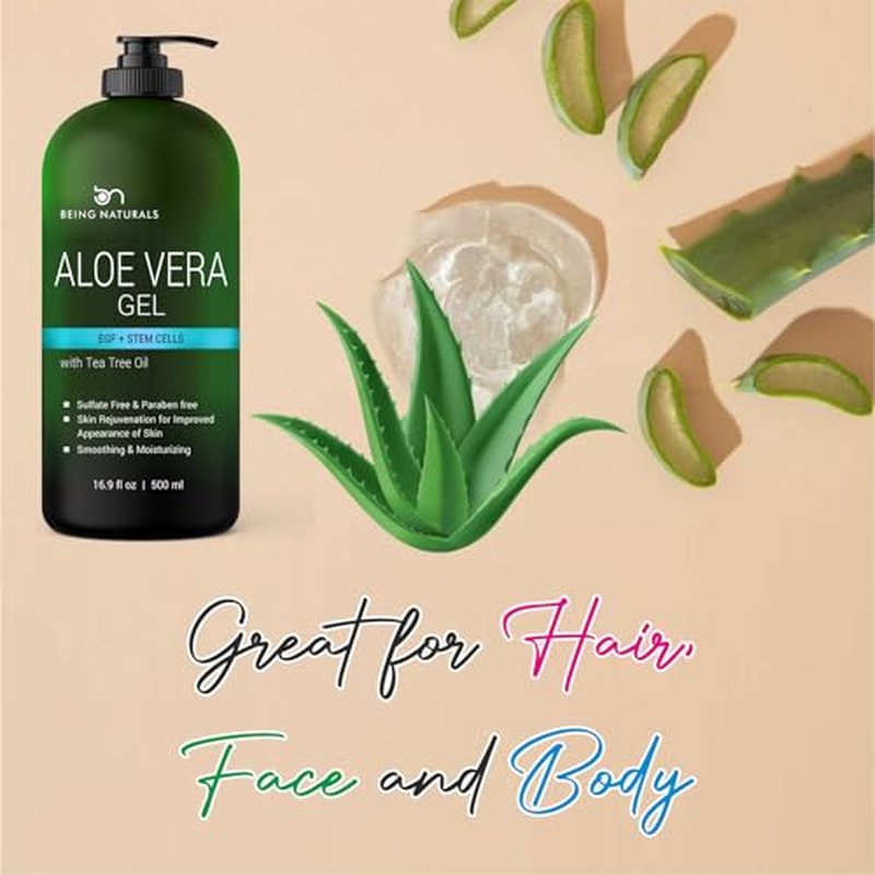 Aloe vera Gel - from 100% Pure Organic Aloe Infused with Manuka Honey, Stem Cell, Tea Tree Oil - Natural Raw Moisturizer for Face, Body, Hair. Perfect for Sunburn, Acne, Razor Bumps 16.9 fl oz