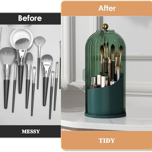 Zufudo Makeup Brush Holder Organizer with Lid 360° Rotating Makeup Organizer Countertop Dustproof Cosmetics Organizer for Vanity Bathroom, All Black