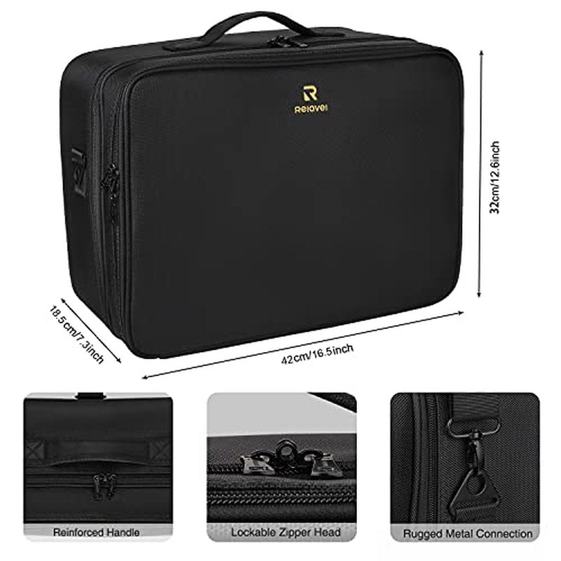 Relavel Travel Makeup Train Case Makeup Cosmetic Case Organizer Portable Artist Storage Bag with Adjustable Dividers for Cosmetics Makeup Brushes Toiletry Jewelry Digital Accessories Black