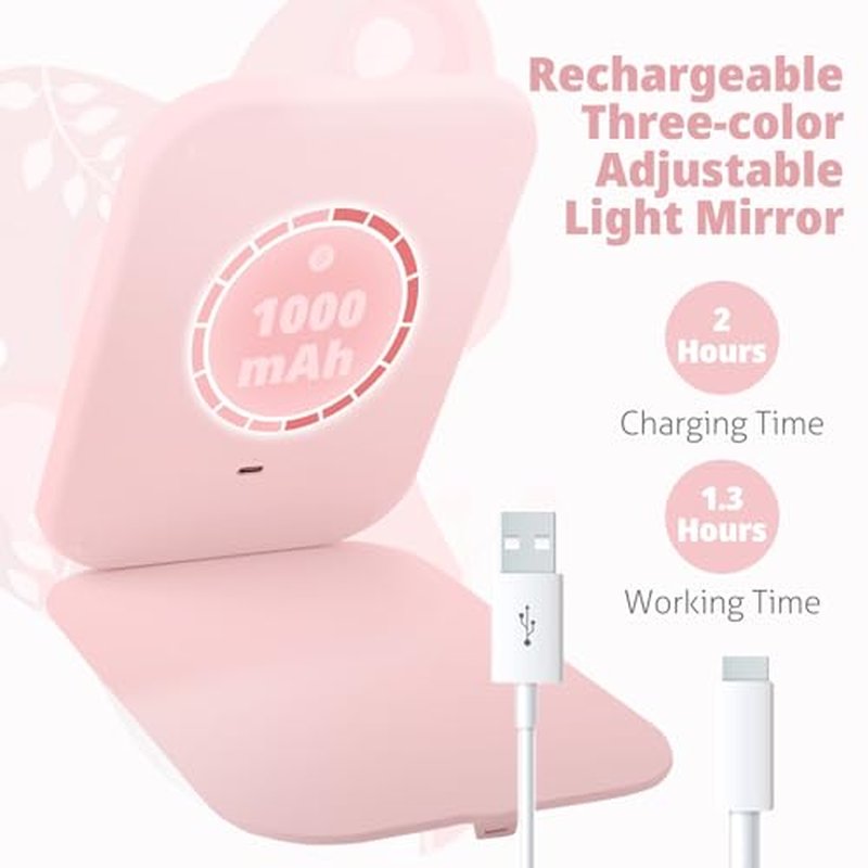 Puiuisoul Travel Makeup Mirror, 2000mAh Battery-Powered Illuminated Mirror, 3 Adjustable Light Settings USB-Rechargeable Vanity Mirror with Touch-Sensitive Dimming，Gift for Women and Girls (Pink)