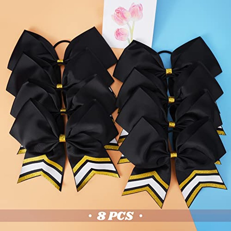 DEEKA 8PCS Large Glitter Cheer Bows Shiny 7" Cheer Hair Bows Ponytail Holder Handmade for Cheerleader Girls Softball Sports -Gold/Black