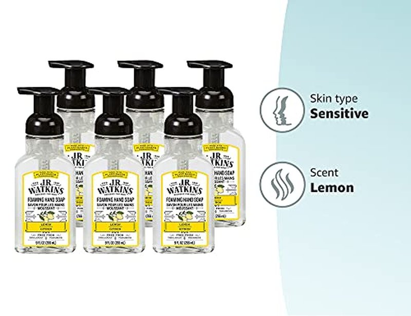 J.R. Watkins Foaming Hand Soap Pump with Dispenser, Moisturizing All Natural Hand Soap Foam, Alcohol-Free Hand Wash, Cruelty-Free, USA Made, Use as Kitchen or Bathroom Soap, Lemon, 9 fl oz, 6 Pack