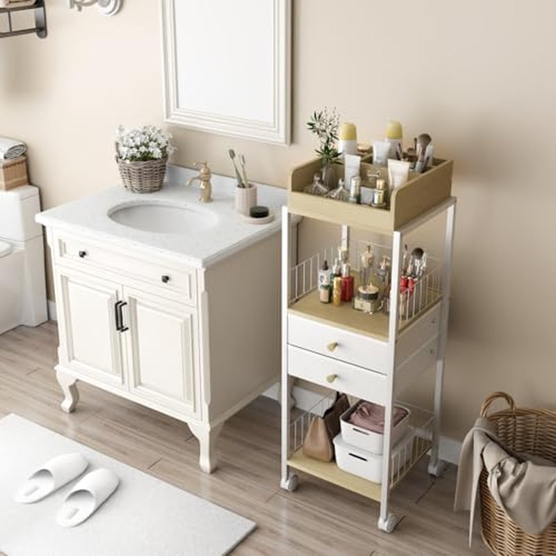 Makeup Organizer Cart Shelf Floor Skincare Organizers Make Up and Station Storage Cabinet For Vanity Standing Cosmetics With Drawers and Wheels For Nail Polish Perfume Hair Tool Holder Beauty(White)