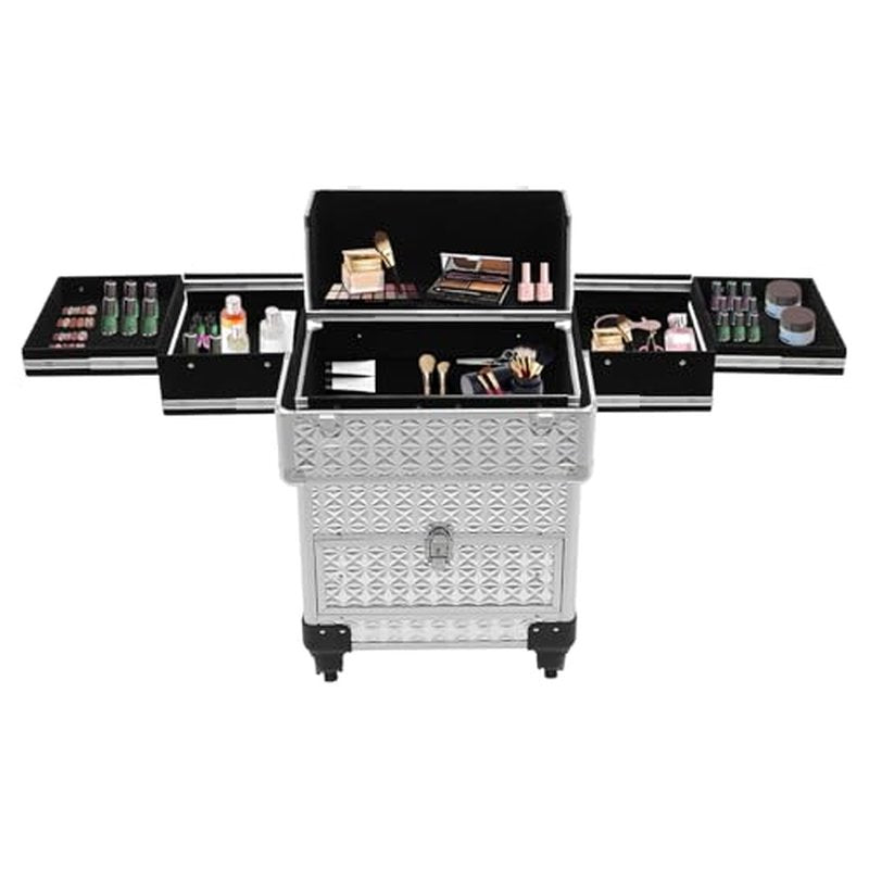 Rolling Makeup Train Case with Storage Sliding Drawer and Removable Divider, Lockable Cosmetic Travel Trolley Case with Wheels Salon Barber Travel Cart Trunk for Nail Tech Hairstylist (Silver)