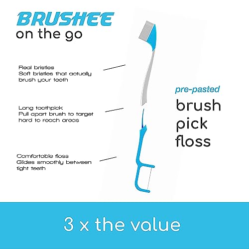 Brushee - The Evolution of Oral Care | 3-in-1 Tool (Pre-Pasted Mini-Brush + Floss + Pick) | Individually Wrapped | Disposable | Prepasted Travel Toothbrushes | Small Adult Toothbrush - (120-Pack)