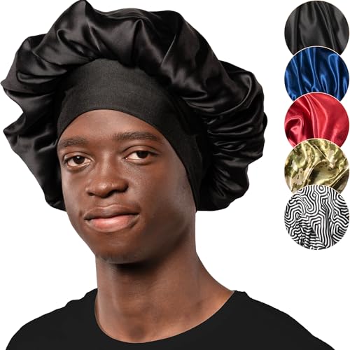Niagara Satin Bonnet for Men - Reversible Night Cap - Bonnet for Sleeping Men - Mens Bonnet for Curly Hair - Large Bonnet with Double Layer (Black)