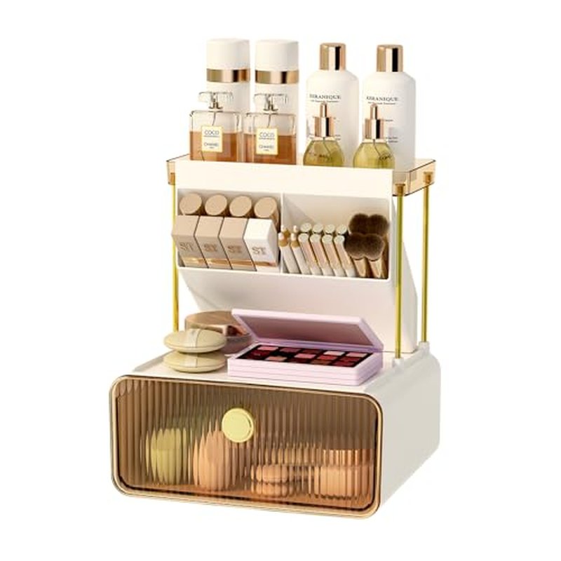 FOLLOWIN Makeup Organizer with Storage Drawer,Cosmetic Display with Lipsticks Brush Holder Perfume Tray,Organize Cosmetics and Beauty Supplies for Vanity,Dresser,Bathroom,Desktop Organizer,Amber