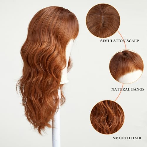 Esmee Long Wavy Wine Auburn Wigs for Women Natural Synthetic Hair Heat Resistant Wigs with Bangs for Daily Party Cosplay Use 22 Inches
