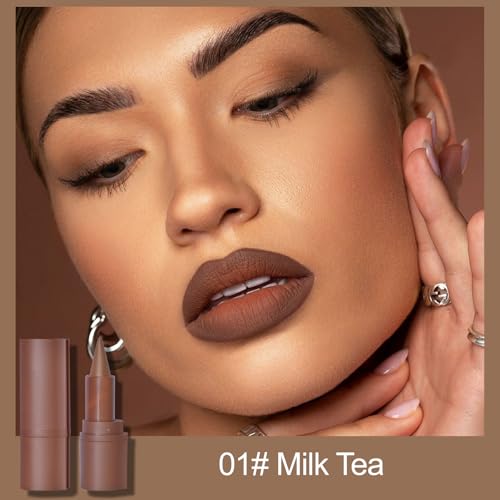 Erinde 2-in-1 Gradient Lip Liner and Lipstick Lip Combo Set, Matte Nude Dark Brown Red Lip Liner Creamy Lip Pencil Crayon, High Pigmented Long lasting Lipstick Makeup, 01# Milk Tea