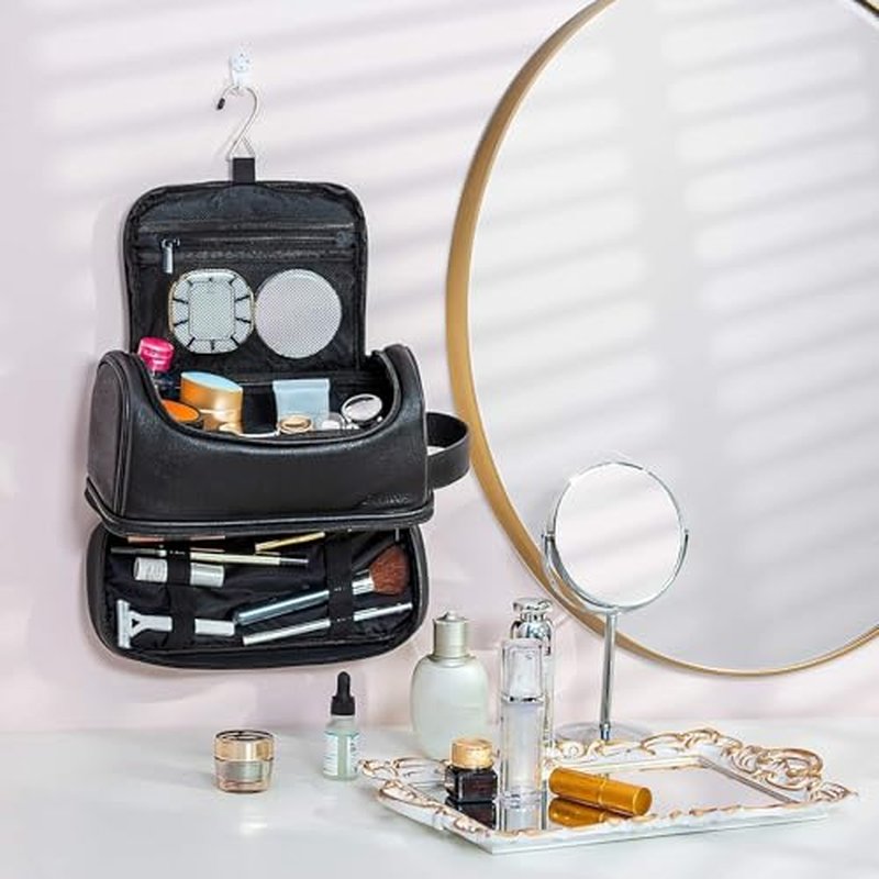 Elviros Toiletry Bag, Mens Leather Travel Organizer Kit with hanging hook, Large Water-resistant Toiletries Bathroom Shaving Bags for Women (Black)