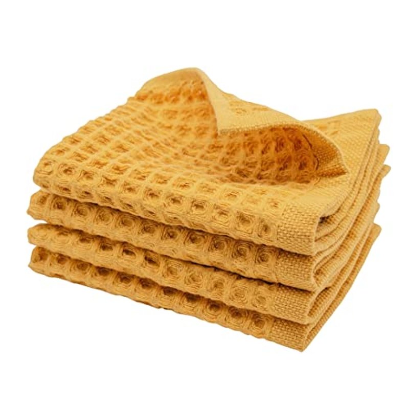 sea me at home Waffle Washcloth Set, 100% Cotton (4 Pcs Washcloth 13x13 inches, Mustard)