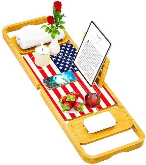 Premium Bamboo Bathtub Tray Caddy - 2024 New Bath Caddy Tray - Luxury Bathtub Tray Table - Bath Tub Tray, Expandable Size, Fits Most Bath Tubs