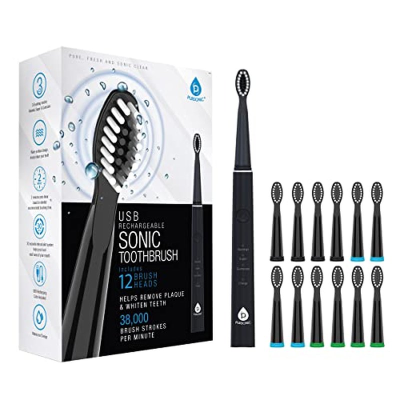 Pursonic Whitening USB Rechargeable Sonic Toothbrush-12 Brush Heads!- 38,000 Brush Strokes Per Minute-3 Brushing Modes with 2 Minute Auto Timer (Black)
