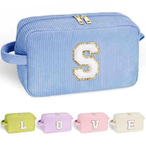 YOOLIFE Makeup Bag for Teen Girls - Cute Travel Makeup Bags Skincare Bag Corduroy Cosmetic Bag Personalized Gifts for Women Her Mom Daughter Sister Birthday Gifts for Women Girls Her Gifts Letter T