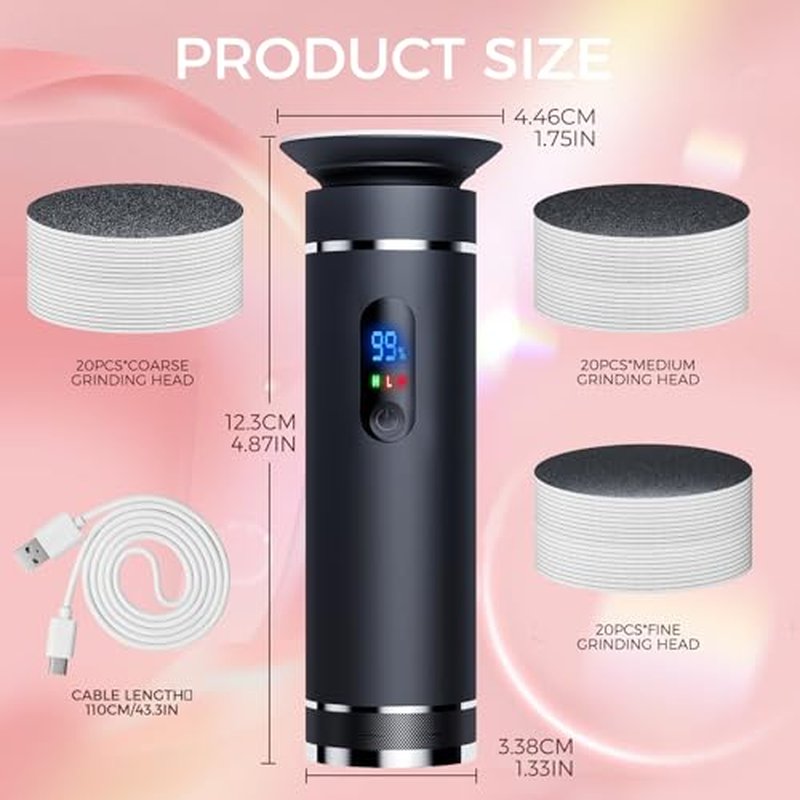 Ranrose Electric Callus Remover for Feet Rechargeable Portable Electric Foot File for Dead Skin Foot Grinder with 60pcs Replacement Sandpaper Disk 2 Speed Professional Pedicure Tools for Feet