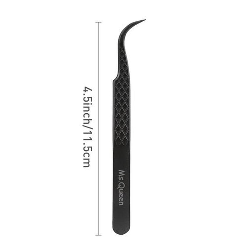 Ms.Queen Eyelash Tweezers For Extensions, Precision Diamond Grip Curved Lash Tweezers Fiber Tip,Black