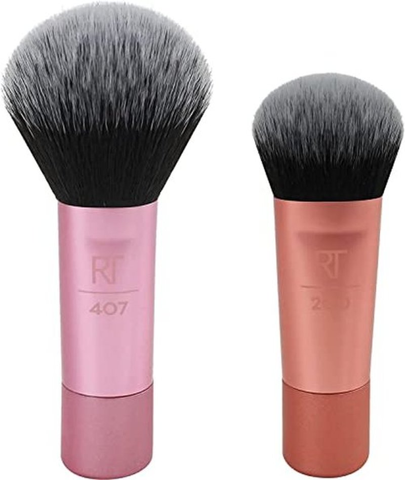REAL TECHNIQUES Mini Brush Foundation and Blush Duo, Travel Size, For Loose Blush and Liquid Foundation, 2 Piece Set, Multicolor