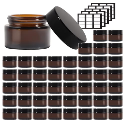 Stellacare 46 pack 1oz Glass Jars Round Empty Cosmetic Containers, Refillable Glass Jars with Lids for Face Creams, Lotions, Powders,Salves Ointments,Potravel Storage