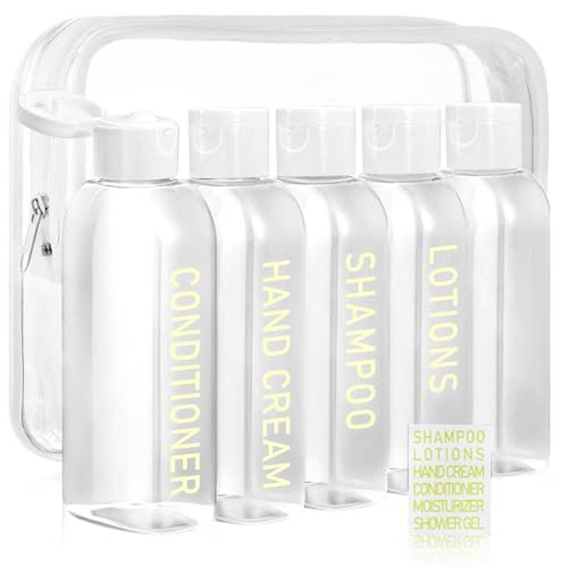 5 Pack Travel Bottles for Toiletries, 3.4oz TSA Approved Travel Size Containers, Leak Proof Refillable Travel Accessories for Shampoo Conditioner, Plastic Travel Bottles with Toiletry Bag and Label.