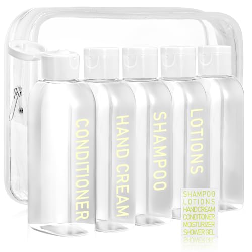 5 Pack Travel Bottles for Toiletries, 3.4oz TSA Approved Travel Size Containers, Leak Proof Refillable Travel Accessories for Shampoo Conditioner, Plastic Travel Bottles with Toiletry Bag and Label.