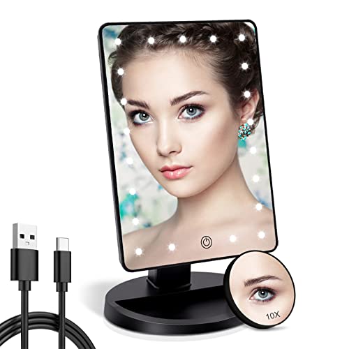 COSMIRROR Lighted Makeup Vanity Mirror with 10X Magnifying Mirror, 21 LED Lighted Mirror with Touch Sensor Dimming, 180°Adjustable Rotation, Dual Power Supply, Portable Cosmetic Mirror (Black)