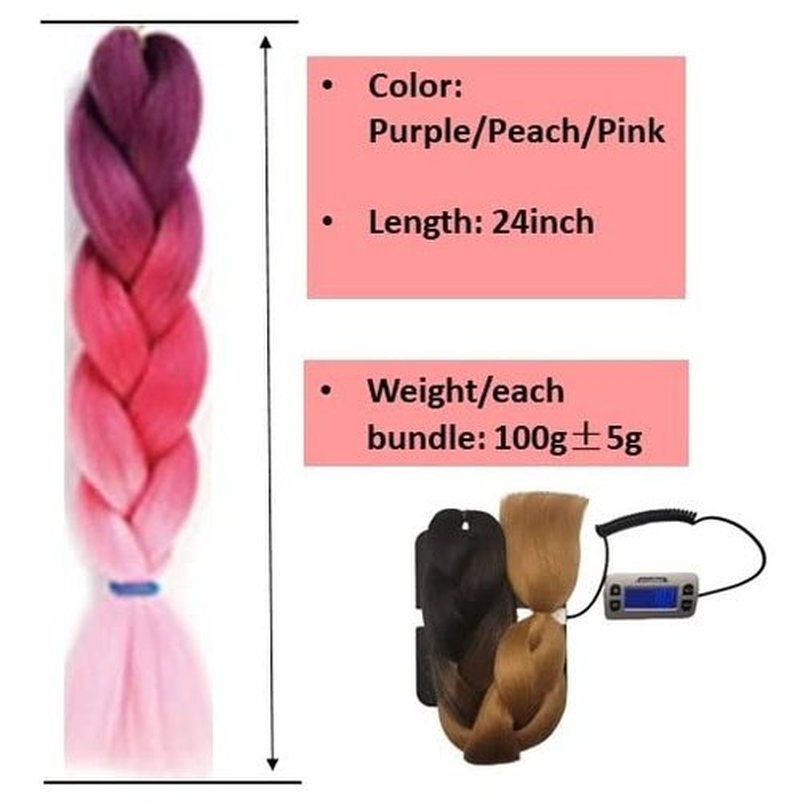 Braiding Hair Extension Jumbo Ombre Colorful for Crochet Braiding 6 Packs (High temperature, Synthetic Fiber, 24 inches) (6 Bundles, Purple to Peach to Pink)