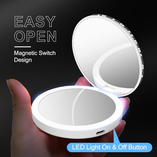 QearFun Luxurious Rhinestone LED Lighted Compact Mirror,Bling Portable Travel Makeup Mirrors,3.5 inch Rechargeable Mini Magnifying Pockets Mirror,Sparkly Beauty for Women,Wedding Favors for Guests