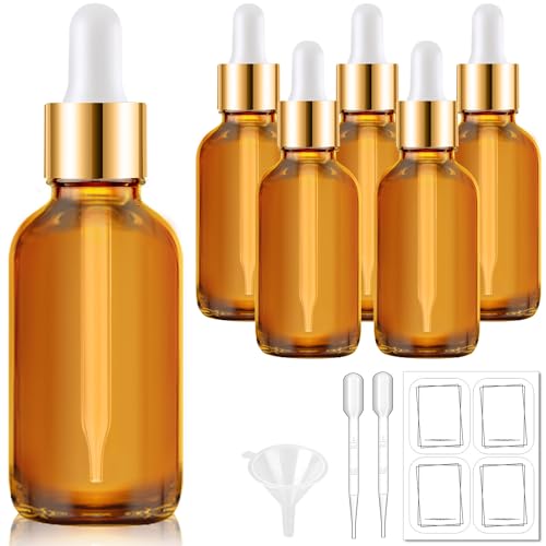Bumobum 5 Pack, 1 oz Dropper Bottle with 2 Extra Graduated Calibrated Glass Dropper (1ml), Amber Glass Dropper Bottle 30ml Empty Dark Brown Tincture Bottles Eye Dropper for Essential Oils, Liquids