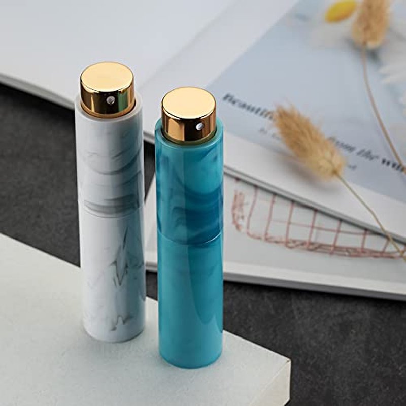 10ML Perfume Atomizer Travel (4 PCS), Refillable Cologne Containers, Dispenser Spray Empty Bottle for Mini Sprayer Size (Black&Pink&White&Blue, Marble)