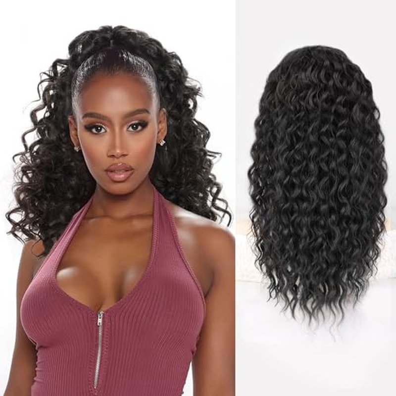 QGZ Ponytail Extension,Drawstring Ponytail for Black Women 14 Inch Synthetic Short Wavy Curly Layered Pony Tails Hair Extensions for Daily Use(Black)