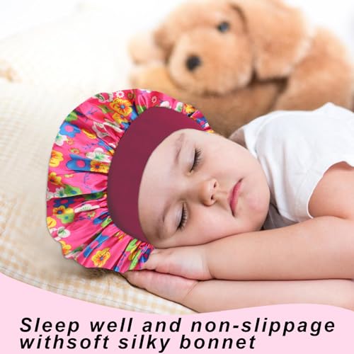 3 Pcs Silk Hair Bonnet for Sleeping - Baby Satin Bonnets for Girls Kids Sleep Cap Hair Wraps for Curly Natural Hair with Elastic Wide Band (Black+Hot Pink+Blue)…