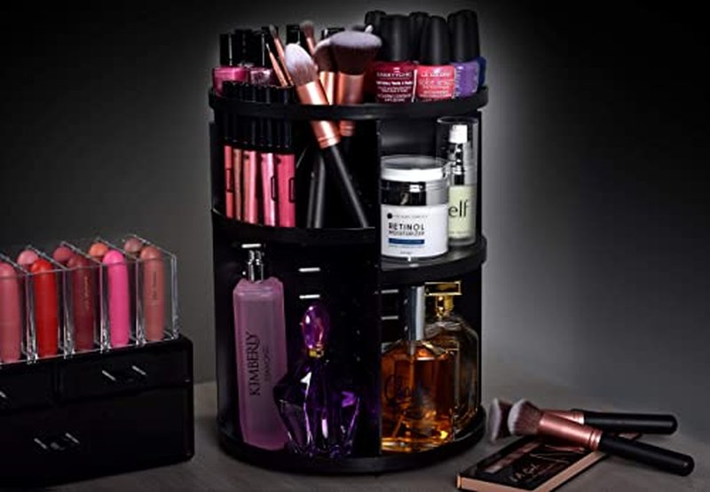 360 Rotating Makeup Organizer - Adjustable Shelf Height and Fully Rotatable. The Perfect Cosmetic Organizer for Bedroom Dresser or Vanity Countertop. (Black)
