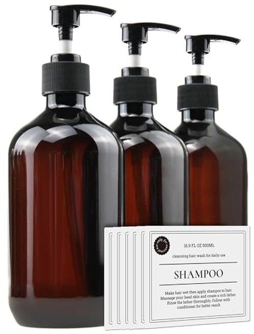 Empty Plastic Bottles with Pump Dispenser and Labels Included, Refillable Travel Containers for Hand sanitizer Shampoo Lotion, etc - BPA/Paraben Free, 500ml/16.9oz (Amber, 3 Pack)