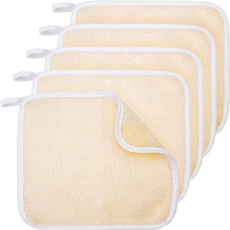 Tatuo 5 Pcs Exfoliating Face and Body Wash Cloths Towel Weave Bath Cloth Exfoliating Scrub Cloth Massage Bath Cloth for Women and Men, 10.63 x 9.05 Inch (Beige)
