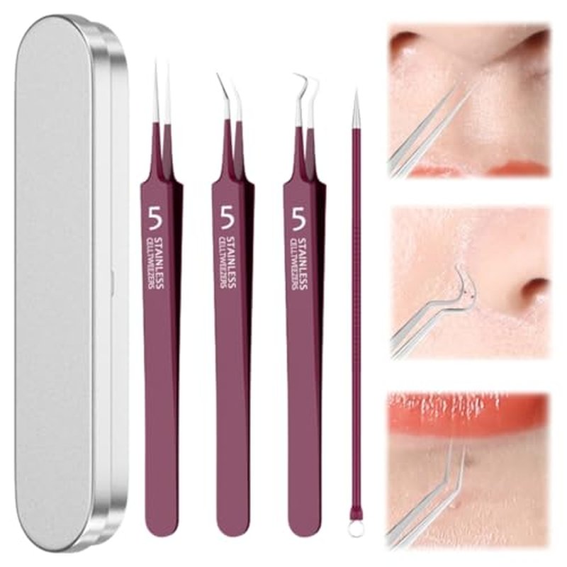 xwxwseui Usiveinborn Blackhead Remover Upgraded, Usiveinborn Blackhead Tweezers, Professional Upgraded Facial Blackhead Remover Tweezers, Blackhead Remover Tools Sets (A4-Red-4pcs)