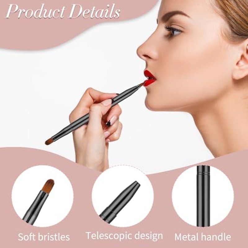 2 Pack Retractable Lip Brush for Lipstick with Cap, Double-Ended Lip Makeup Brushes Retractable Lip Gloss Lipstick Brush Applicator Travel Black Red