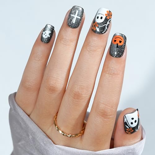 Halloween Press On Nails - Pumpkin Nail Gray Cat Eye Halloween Nails, Acrylic Short Square Nails Press On with Nail Glue, Fit Perfectly & Natural Stick On Nails in 16 Sizes - 32PCS Soft Gel Kit